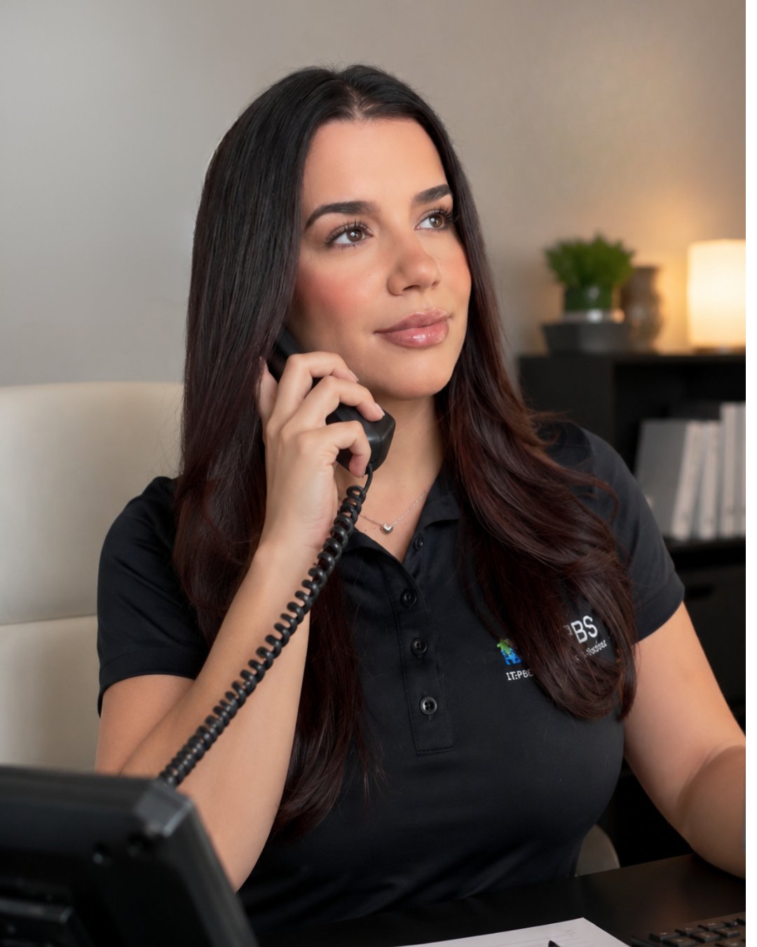 Marketing manager Adalyn on phone in black polo shirt